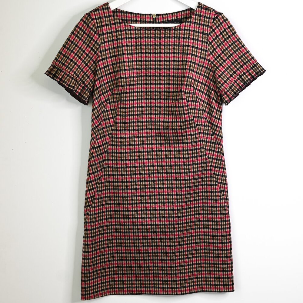 TOMMY HILFIGER Red Tan Olive Green Black Plaid Houndstooth Shift Dress - Size 4